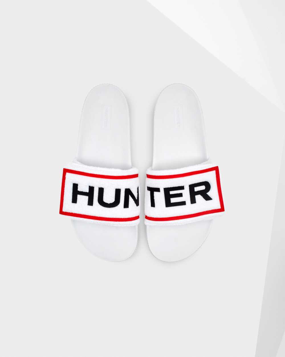 Womens Hunter Original Terry Towelling Logo Adjustable Slides White | SPODRQ-267